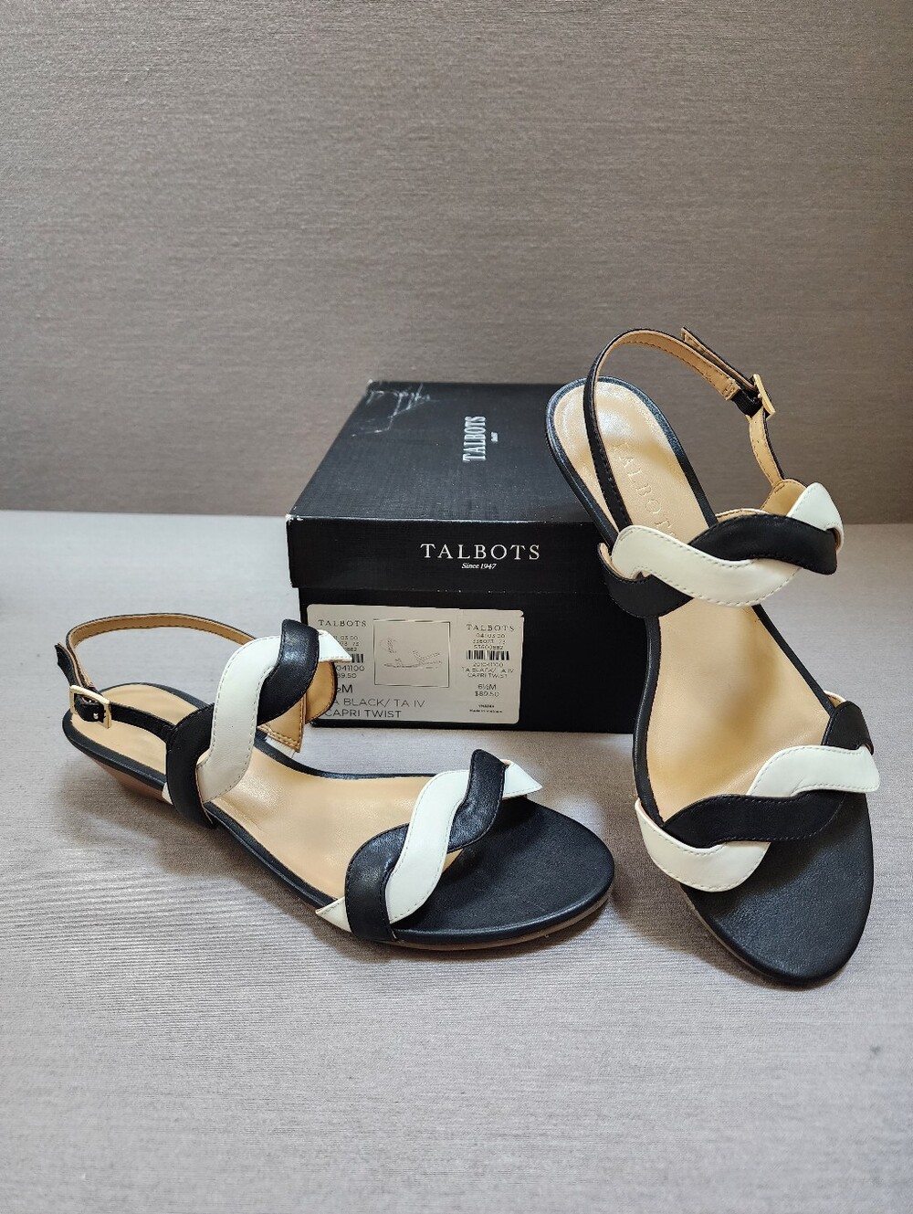 TALBOT'S SANDALS SZ 6.5, NEW IN BOX. CLASSIC BLACK AND OFF WHITE LEATHER.
